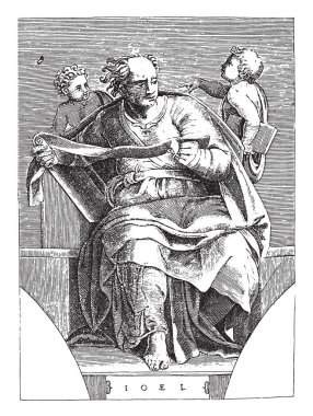 Peygamber Joel, Adamo Scultori, Michelangelo 'dan sonra 1585 Elçi Joel bir parşömenle oturuyor. Arkasında iki küçük figür var, birinin kolunun altında kitap var, eski bir gravür..