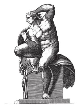 Çıplak oturan Adamo Scultori, Michelangelo 'dan sonra, 1585 çıplak adam, bir bacağının üzerinde duruyor ve sola dönüyor, meşe palamudu çelengi, klasik oyma.