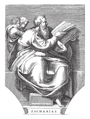 Prophet Zechariah, Adamo Scultori, after Michelangelo, 1585 The prophet Zechariah sitting with a book in his hands. Two small figures behind the prophet, vintage engraving. clipart