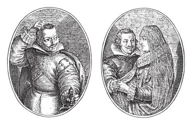 Kastilya 'dan Don Diego ve eşi Crispijn van de Passe (II., 1641), bir albüm sayfasında iki tasvir, aralarında Hollandaca iki dörtlük, klasik oyma.