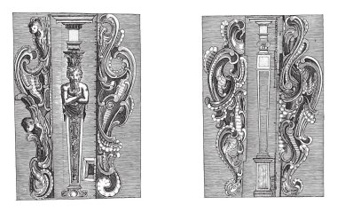 Two representations on a two-part album sheet. On the left a herm with a Corinthian entablature flanked by lobe-style ornaments, vintage engraving. clipart
