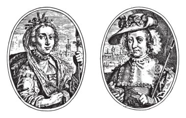 Bir albüm sayfasında iki tasvir. Sedruinea R. ve Amarilea R. (Rotterdam 'dan Maria?) gibi çoban sopası olan iki kadının portreleri. )., Eski gravür..