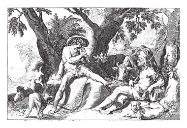 Bazı ağaçların gölgesinde, Merkür, Argus 'a flütünü bir çoban kılığında çalar..