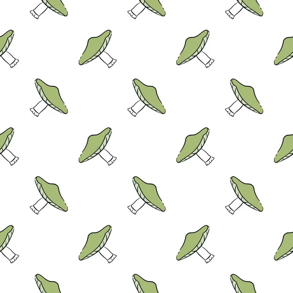 緑色の家庭用キノコ 白い背景のシームレスなパターン — ストックベクタ