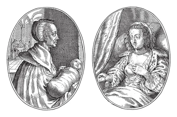アルバムのページで2つの描写 彼女の腕の中にスワッド子とペリエンテという名の助産師の架空の肖像画を残しました ヴィンテージ彫刻 — ストックベクタ