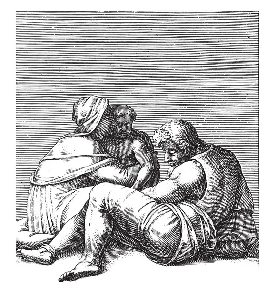 Man Sitting Ground Woman Child Adamo Scultori Após Michelangelo 1585 —  Vetores de Stock