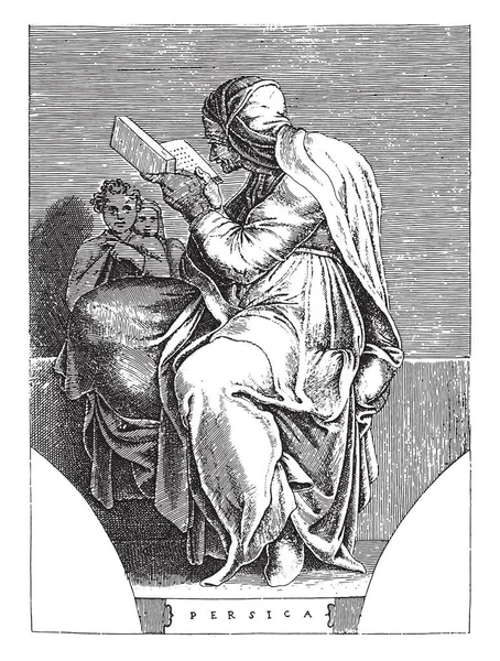 Persian Sibyl Adamo Scultori Michelangelo 1585 Persian Sibyl Sitting Book — Stock Vector