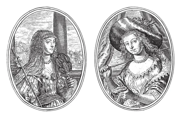 Δύο Απεικονίσεις Μια Σελίδα Άλμπουμ Πορτραίτα Δύο Άγνωστων Γυναικών Προσωπικό — Διανυσματικό Αρχείο