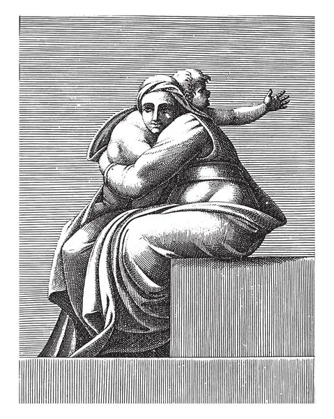 Zittende Vrouw Met Kind Adamo Scultori Naar Michelangelo 1585 Vintage — Stockvector