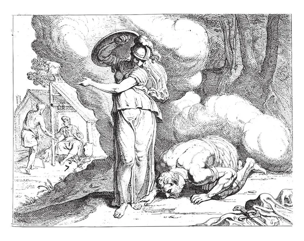 Мінерва Показує Ітаку Одіссею Коли Одіссей Прокидається Острові Який Дивним — стоковий вектор
