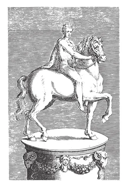 Scultura Ragazzo Nudo Cavallo Anonimo 1584 Incisione Vintage — Vettoriale Stock