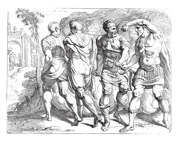 オデッセウスはエウメウス オデッセウス 息子テレマコス エウメウス フィロエティウスに武器を与え ラエレスの邸宅で暗雲の下に隠されたヴィンテージ彫刻に到着する — ストックベクタ