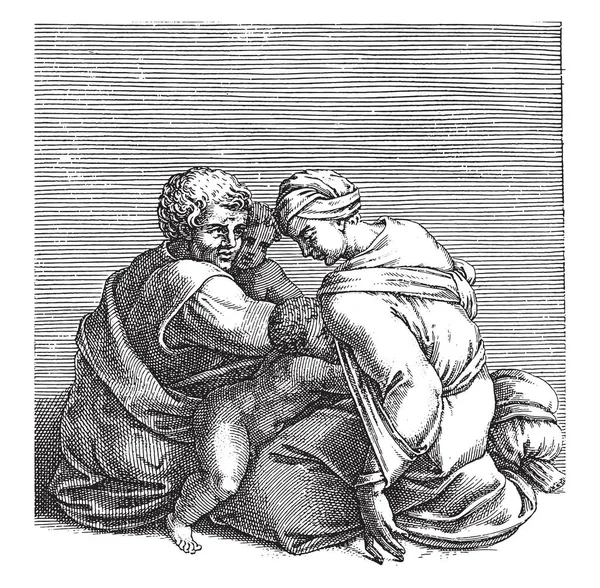 有两个孩子的男人和女人 Adamo Scultori 米开朗基罗 1585年 古老的版画 — 图库矢量图片