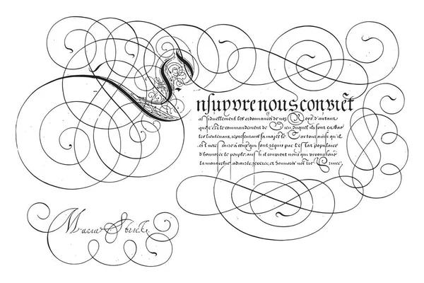 以大写字母E书写的例子 斯特里克 1618年以大写字母E和七行文字书写的例子 古老的版画 — 图库矢量图片