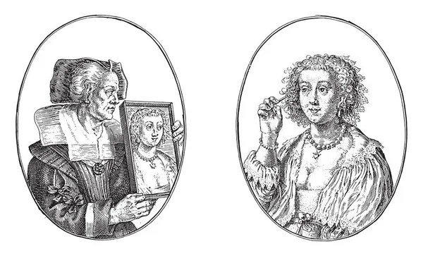 两张相册上的描述 在左边 媒婆玛戈 麦克雷尔举起一面镜子 为右边的风流女郎服务 这样她就可以把她的化妆和老式的雕刻都用在上面了 — 图库矢量图片