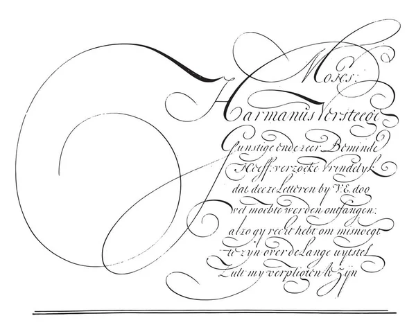 執筆例 Mons Ieur Harmanus Versteege アンブロシウス ペリング 1667年 1718年オランダ語で9行のテキストで例を書く ヴィンテージ彫刻 — ストックベクタ