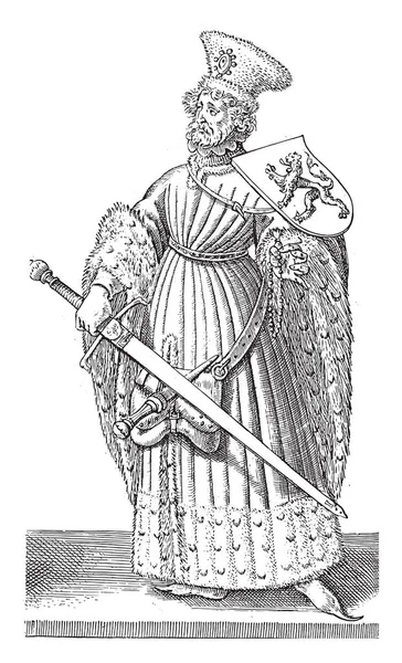 荷兰的弗洛里斯三世伯爵 身材高大 右手拿着剑 凶器凶猛 狮子横行 一个腰包 腰包着匕首 刻有古董字 — 图库矢量图片