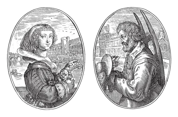 アルバムシートの2つのシーン ロトという名の宮廷の役人の妻の架空の肖像画の左側には 彼女の手に犬 ヴィンテージの彫刻があります — ストックベクタ