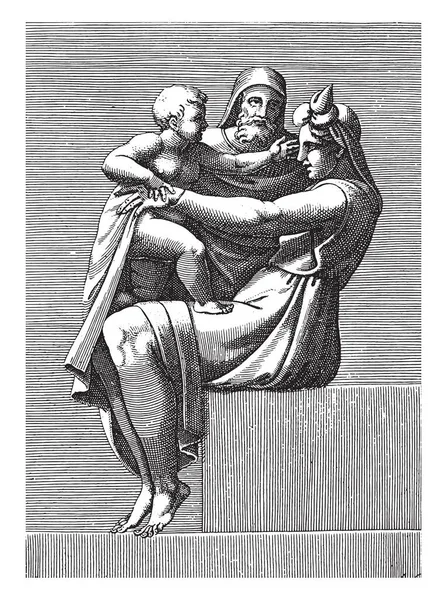 1585年 在米开朗基罗之后 一位名叫Adamo Scultori的带着孩子和老人的坐姿女人正在雕刻古老的版画 — 图库矢量图片