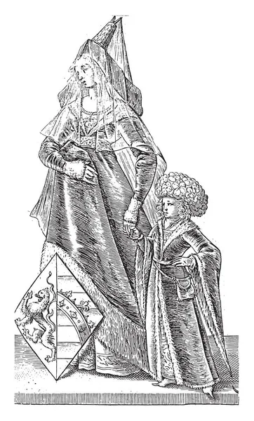 Geertruida伯爵夫人 全身而退 带着她的孩子 后来是Dirk伯爵 她的纹章是荷兰和萨克森的纹章和老式雕刻的结合 — 图库矢量图片
