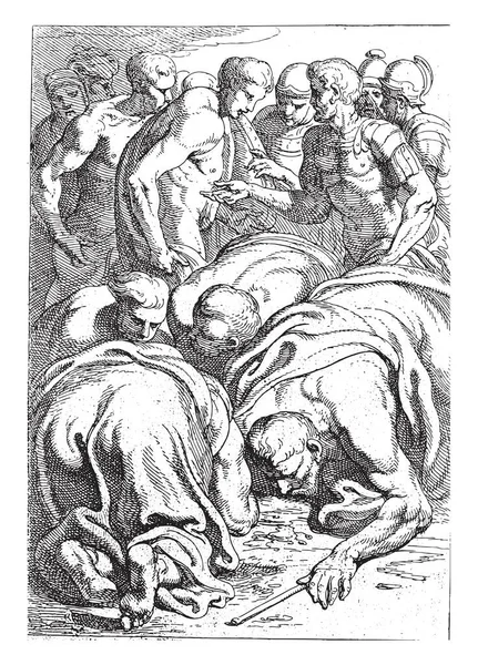 Tiresias喝了祭品的血 Tiresias首先喝了Odysseus给冥界带来的祭品的血 即古老的版画 — 图库矢量图片