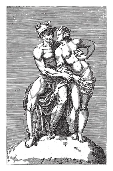 Скульптурная Группа Меркурием Богиней Анонимная 1584 Винтажная Гравюра — стоковый вектор
