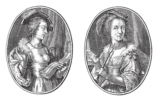 Calliope Euterpe Crispijn Van Passe 1640 Dos Representaciones Una Hoja — Vector de stock