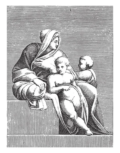 Καθισμένη Γυναίκα Δύο Παιδιά Adamo Scultori Μετά Michelangelo 1585 Vintage — Διανυσματικό Αρχείο