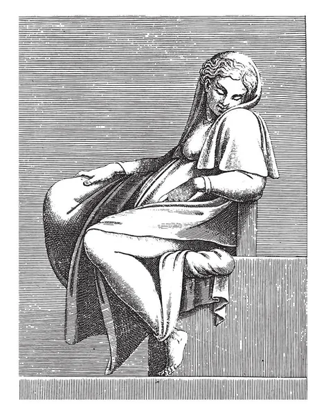 Sittande Ung Kvinna Adamo Scultori Efter Michelangelo 1585 Vintage Gravyr — Stock vektor