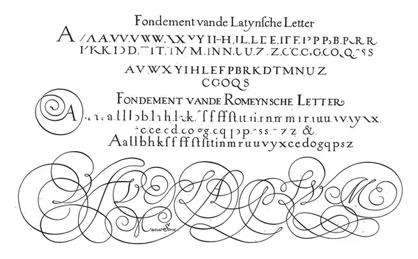 拉丁文和罗马字母的例子 斯特里克 1618拉丁文和罗马字母的例子 老式雕刻 — 图库矢量图片