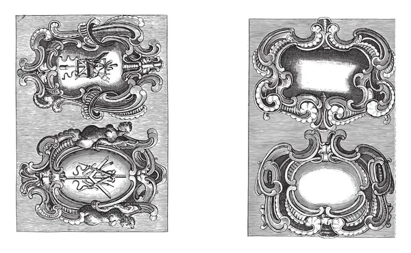 Zwei Darstellungen Auf Einem Zweiteiligen Albumblatt Zwei Kartuschen Mit Einem — Stockvektor