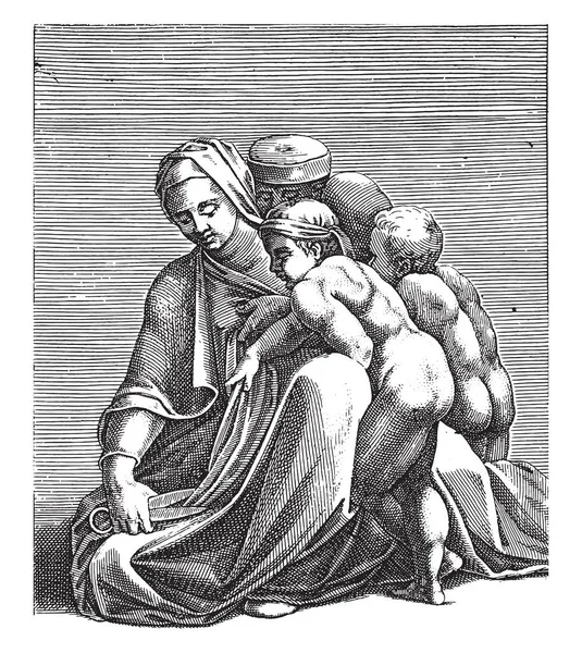 妇女与剪刀 Adamo Scultori 之后米开朗基罗 1585年 座位妇女与剪刀在手 旁边坐着一个男人和几个赤身裸体的孩子 雕刻着古老的版画 — 图库矢量图片