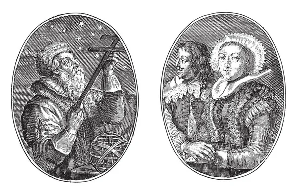 Zwei Darstellungen Auf Einem Albumblatt Links Ein Astronom Mit Astrolabium — Stockvektor