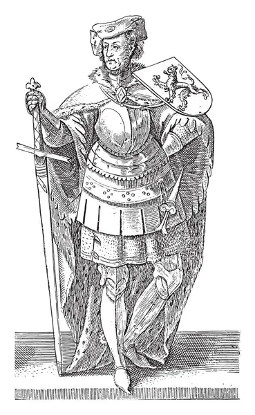 荷兰的威廉一世伯爵 身长全长 带着剑 匕首和攀登狮子的武器 在旧编号4的底部 老式雕刻 — 图库矢量图片