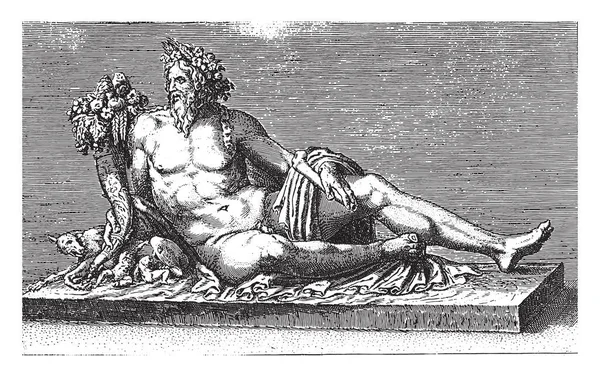 川の彫刻ティンバー 1584川の神のイメージ果物と角の属性を持つティバー 彼女のオオカミと双子のロムルスとレムス ヴィンテージ彫刻 — ストックベクタ