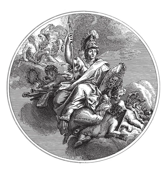 Tanrıça Minerva Nın Tavanında Bulutların Üzerinde Miğfer Mızrak Kalkanla Taht — Stok Vektör