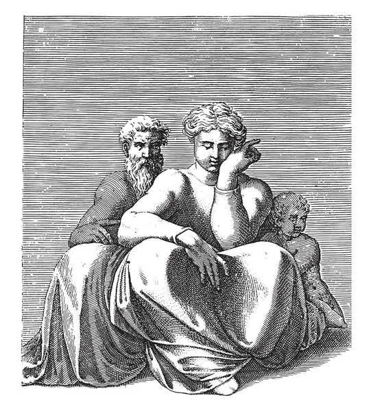 Καθισμένη Γυναίκα Ένα Γέρο Και Παιδί Adamo Scultori Μετά Michelangelo — Διανυσματικό Αρχείο