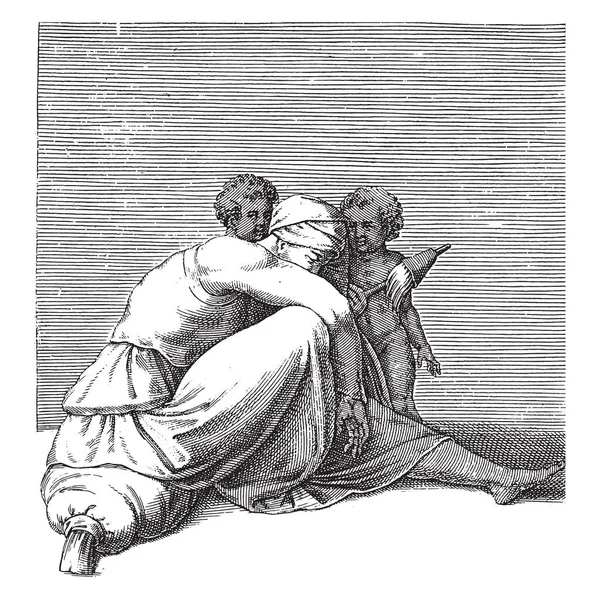 Woman Distaff Two Children Adamo Scultori Michelangelo 1585 Vintage Engraving — Stock Vector