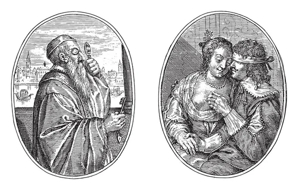 Δύο Απεικονίσεις Ένα Φύλλο Άλμπουμ Στα Αριστερά Ένας Γενειοφόρος Ευγενής — Διανυσματικό Αρχείο