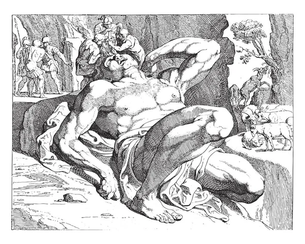 ポリフェムスのブラインド Theoodor Van Thulden フランチェスコPrimaticcio ニコロ アバテ後 1633オデッセウスと彼の戦士は巨大なポリフェムスの目を出した ヴィンテージ彫刻 — ストックベクタ