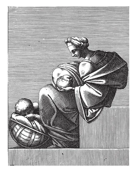 Zittende Vrouw Met Slapende Kinderen Adamo Scultori Naar Michelangelo 1585 — Stockvector