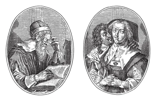 アルバムのページで2つの描写 左側には哲学教授の老人がいた 鼻に眼鏡をかけヴィンテージの彫刻で — ストックベクタ