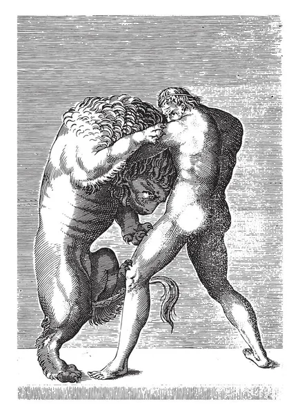 익명의 1584 빈티지 판화인 네메아 사자와 싸우고 헤라클레스의 조각상 — 스톡 벡터
