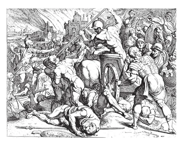 奥德修斯人与基孔内人战斗 到达伊斯玛勒斯岛 基孔斯人屠杀奥德修斯和他的手下 并放火焚烧这座城市 刻有古老的版画 — 图库矢量图片