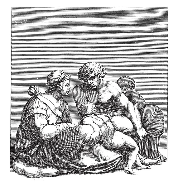 二人の子供を持つ男と女 アダモ スカトリ ミケランジェロの後 1585 ヴィンテージ彫刻 — ストックベクタ