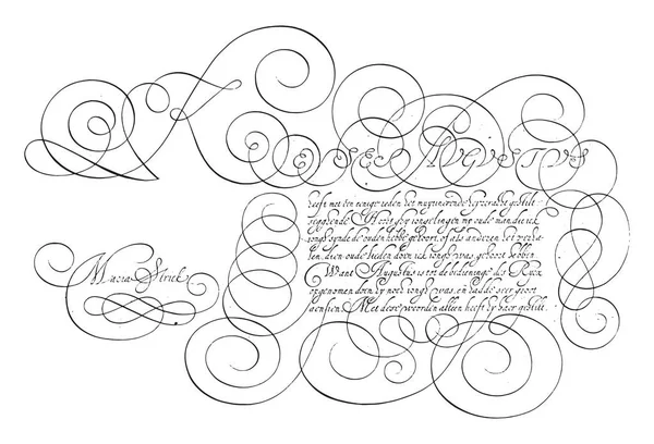 用大写字母K写作的例子 斯特里克 1618年用大写字母K和八行的荷兰文写作的例子 古老的版画 — 图库矢量图片