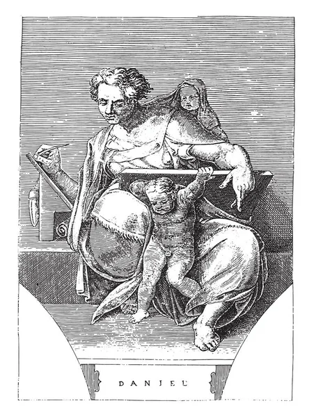 預言者ダニエル アダモ スカトリ ミケランジェロの後 1585預言者ダニエルは 書き込みタブレットに座って 預言者の隣に2人の小さな人物 ヴィンテージ彫刻 — ストックベクタ