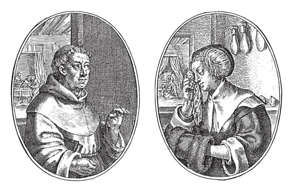 Dwie Sceny Arkuszu Albumu Lewej Fikcyjny Portret Mnicha Cornelisa Chciwego — Wektor stockowy
