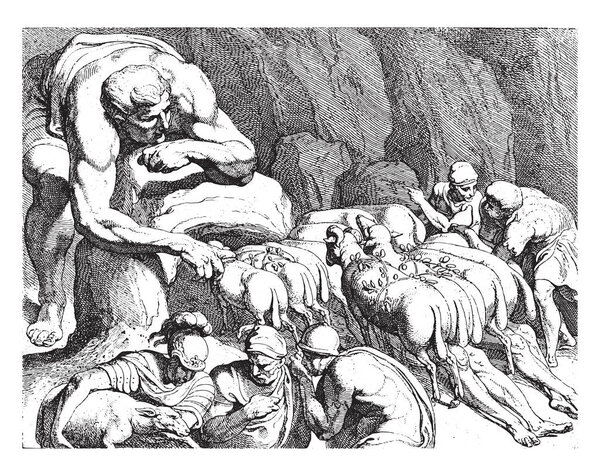 Odysseus escapes from the cave of Polyphemus, The giant Polyphemus, blinded by Odysseus, opens his cave to let his flock of sheep out, vintage engraving.