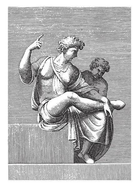 Zittende Jongeman Kind Adamo Scultori Naar Michelangelo 1585 Vintage Gravure — Stockvector